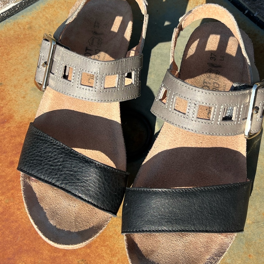 Naot Black and Gray and Tan Sandals with Cutouts and Buckle Accents